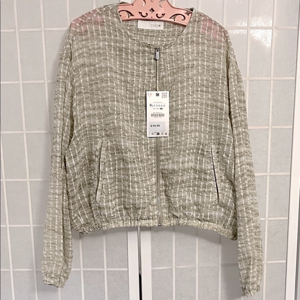 Zara Olive Striped Bomber Jacket